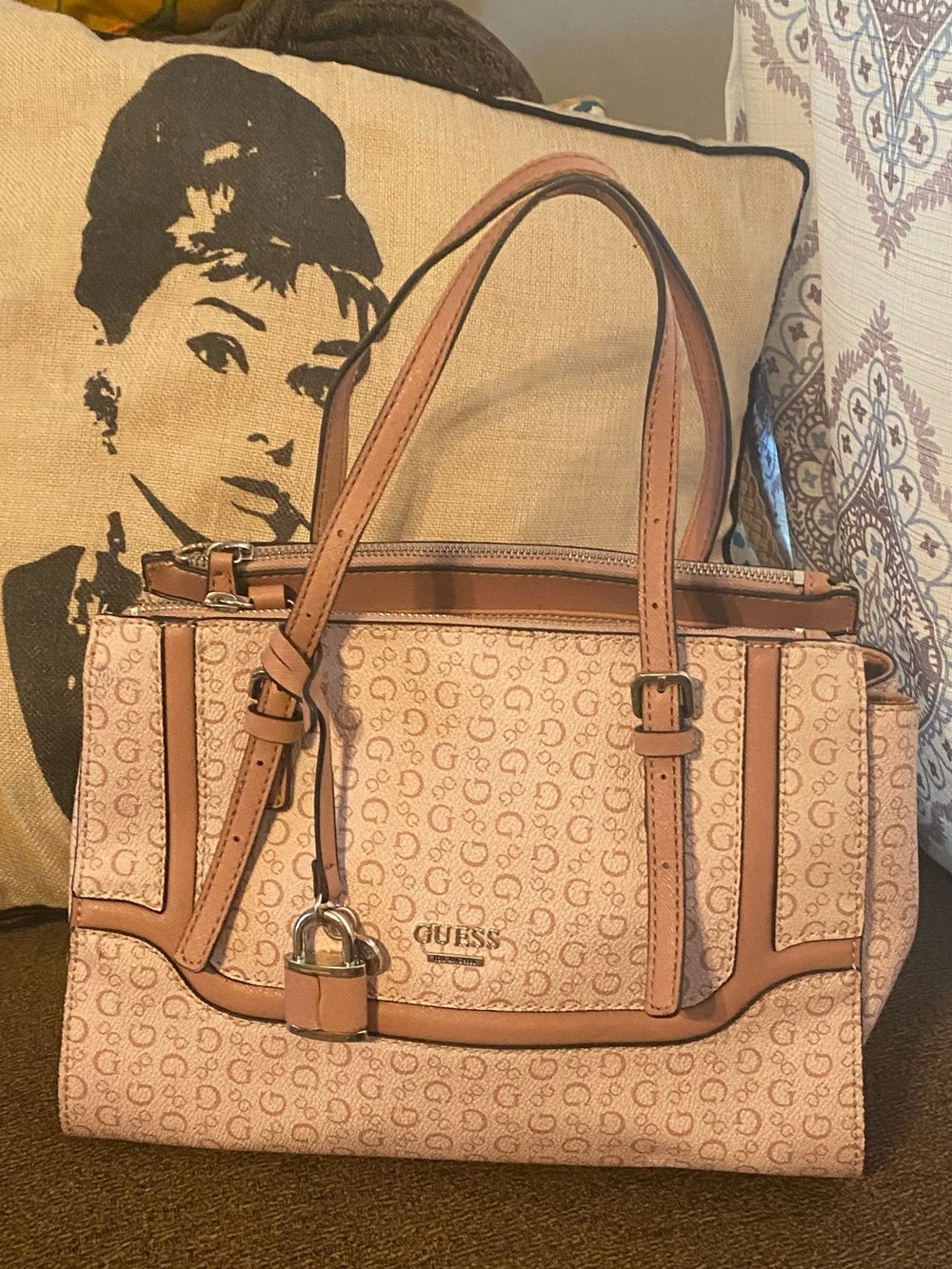 GUESS Pinole Monogram Girlfriend Satchel
Bag Blush Pink